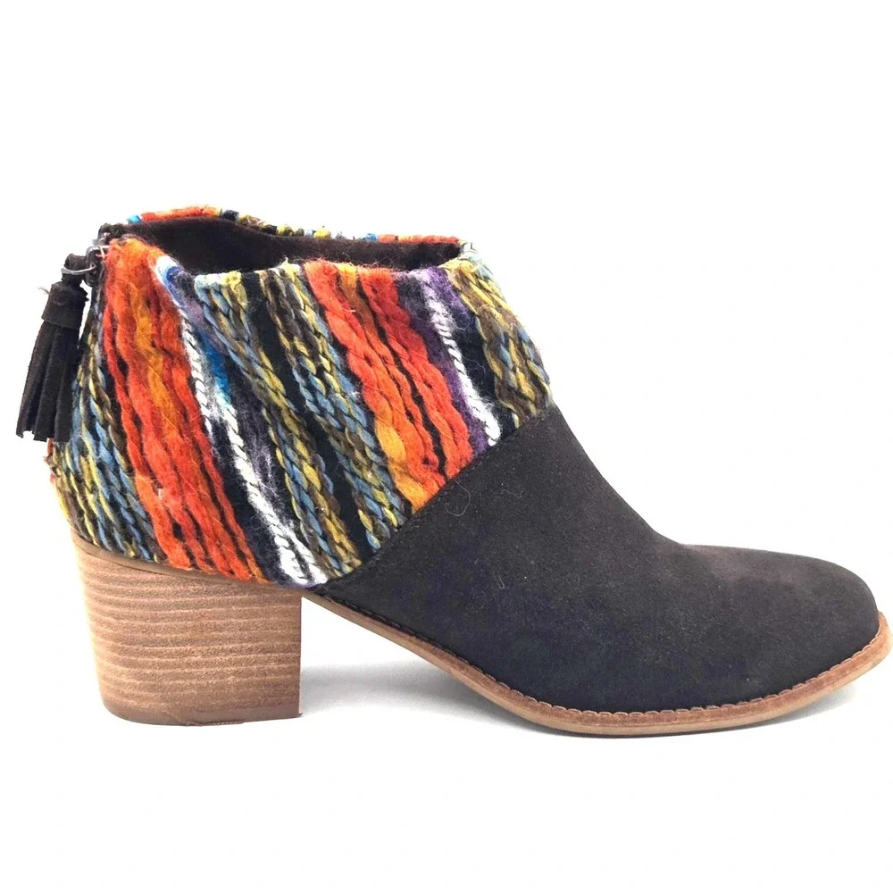 TOMS Leila Brown Suede Woven Ankle Booties Multicolor Boho Tassel Womens Size 10